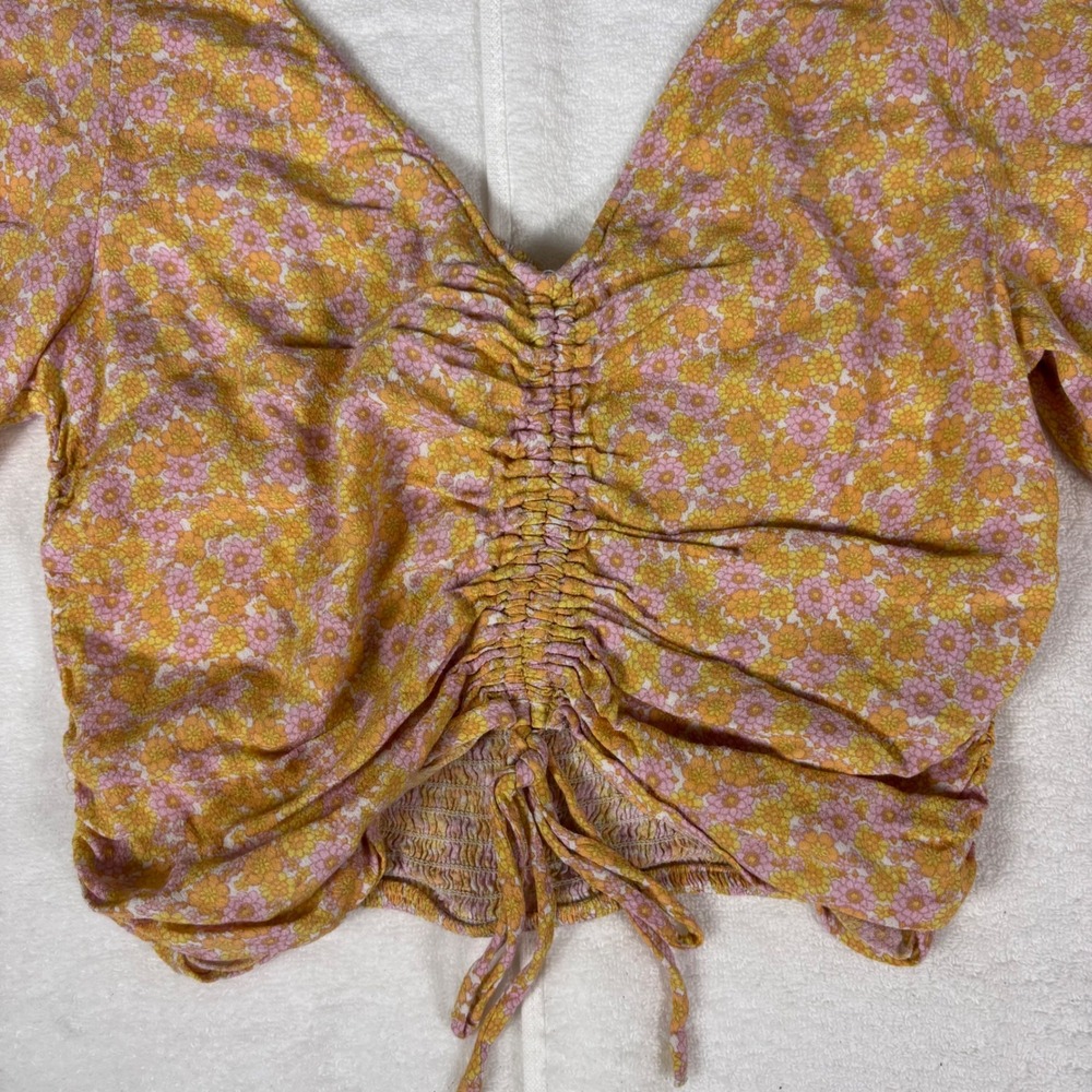 H&M Floral Ruched Crop Top Womens Medium Yellow Pink Cottagecore Boho Festival - Picture 10 of 14